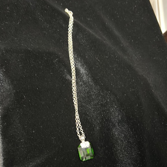 #11 Vintage Pendant, Green Princess cut Stone/Clear Crystal Accents, 925, 16" - Picture 2 of 9